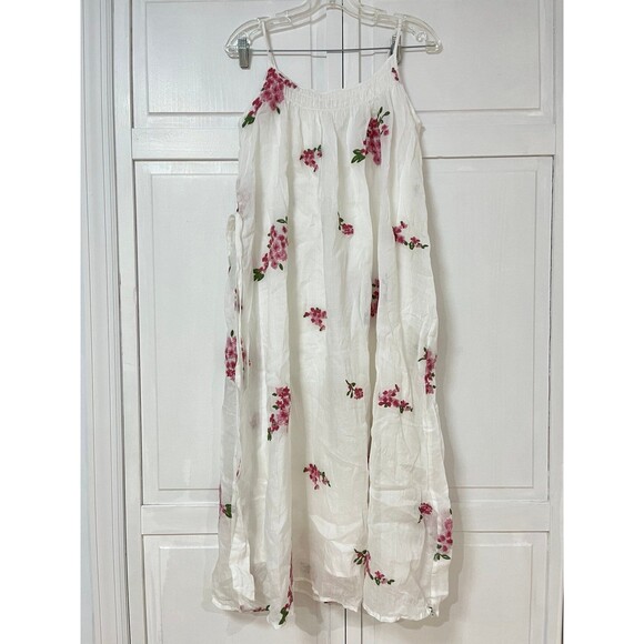 Dresses & Skirts - Embroidered Linen Midi Dress White Pink Floral Boho Sun Dress Size Medium